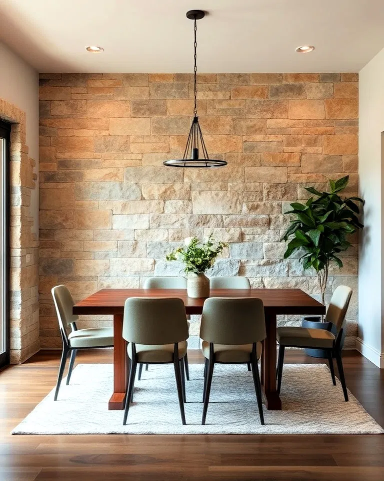 rustic reclaimed stone wall in dining room