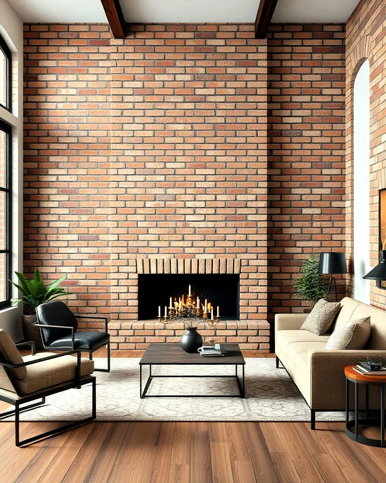 brick-patterned stone wall in modern living room