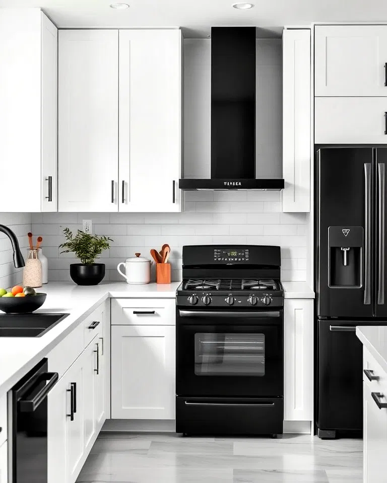 white kitchen cabinets with black appliances