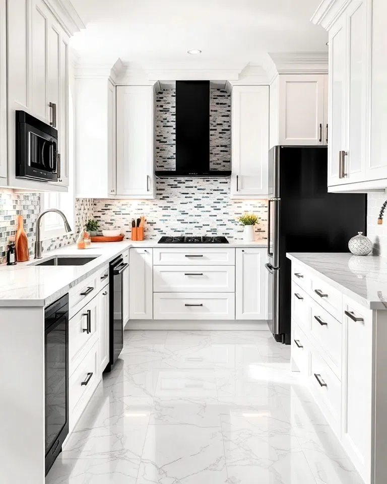 contemporary white kitchen with marble flooring