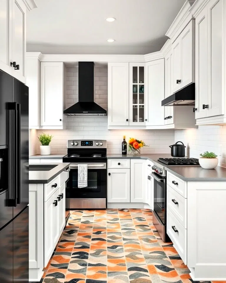 white cabinets with black appliances and gray accents