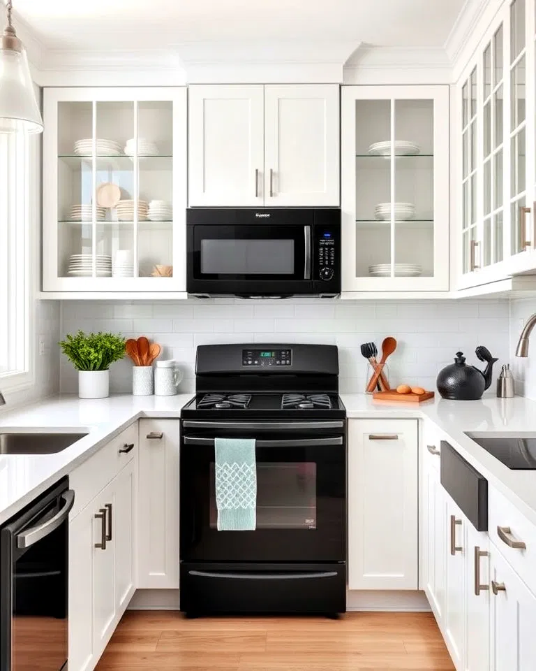 white glass front cabinets with black appliances