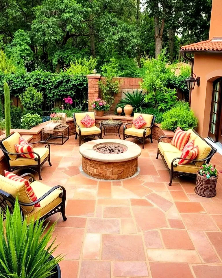 mediterranean style stone patio with fire pit