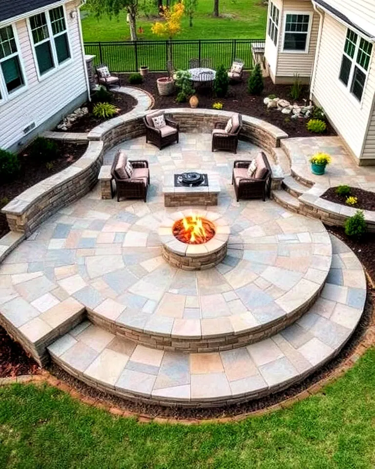multi level stone patio with fire pit