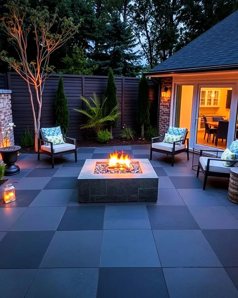 modern slate patio with a fire pit