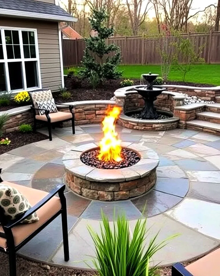 patio with fire pit and water feature