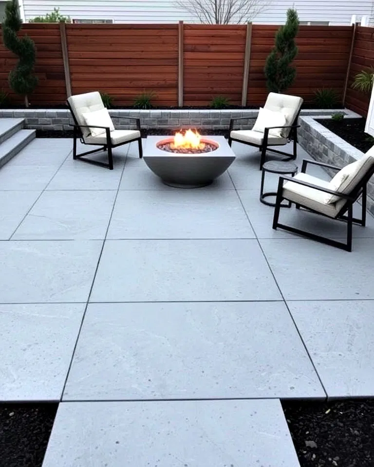 minimalist granite patio with a sleek fire pit