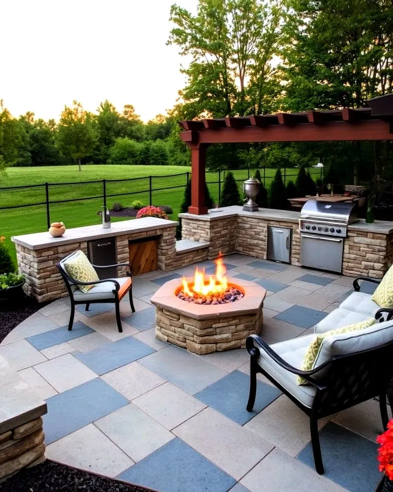 outdoor kitchen patio with a fire pit