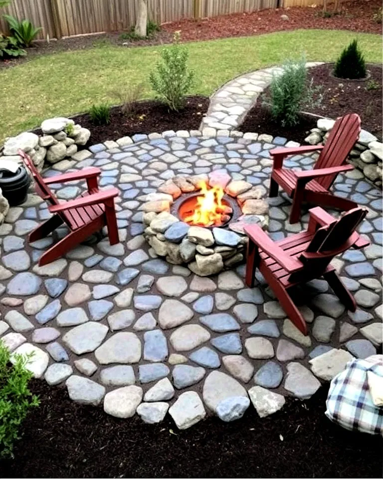 river rock patio with rustic fire pit