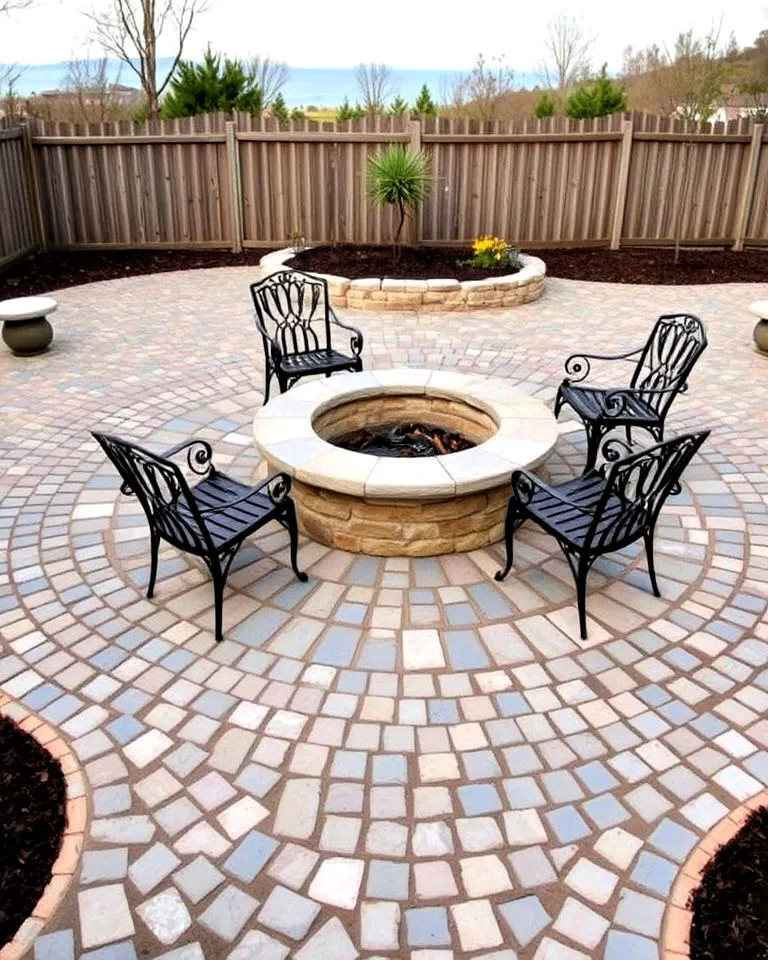cobblestone patio with classic fire pit