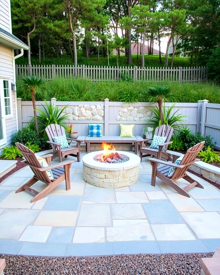 beach style stone patio with fire pit