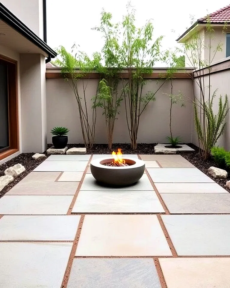japanese zen stone patio with fire pit