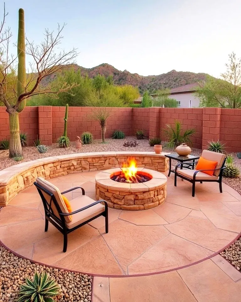 desert inspired stone patio with fire pit