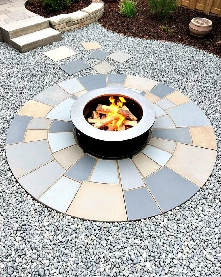 slate and gravel patio with metal fire pit