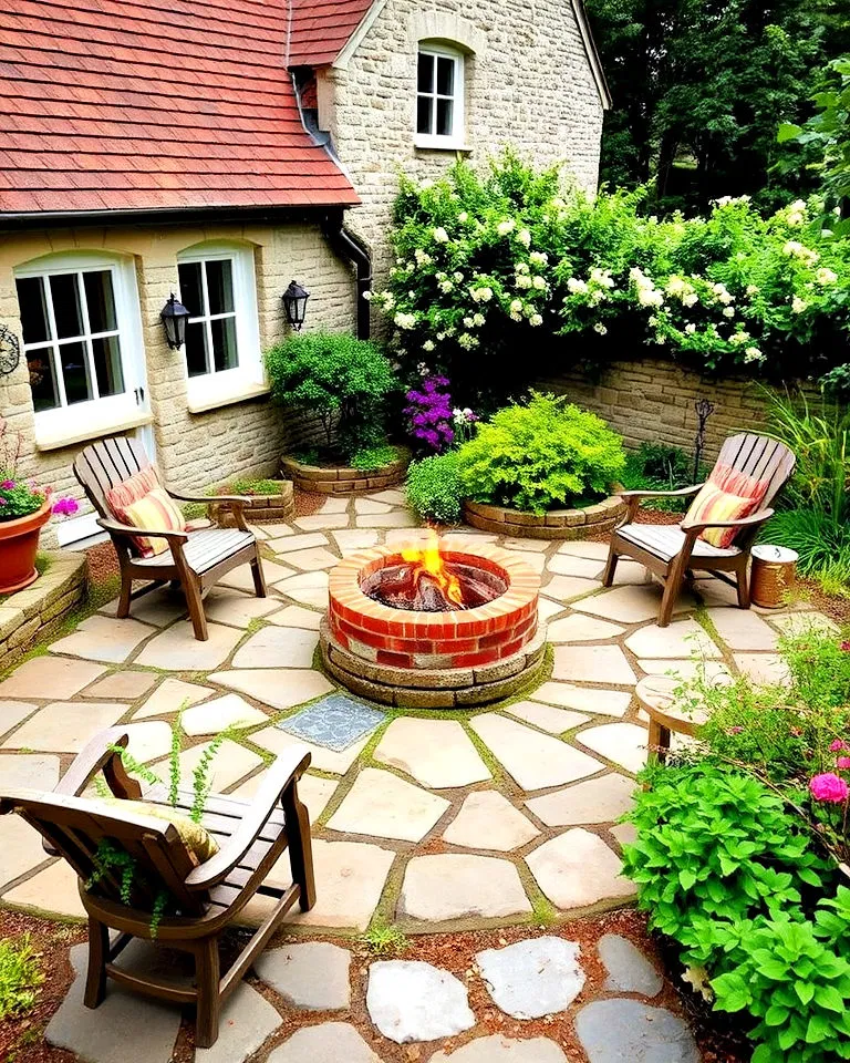 cottage style stone patio with brick fire pit