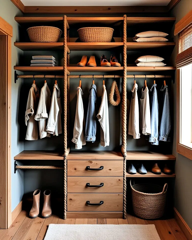 rope detailing rustic closet idea