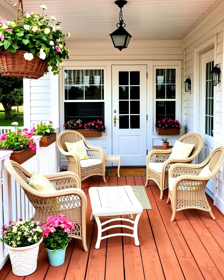 cottage style front porch deck with flower boxes