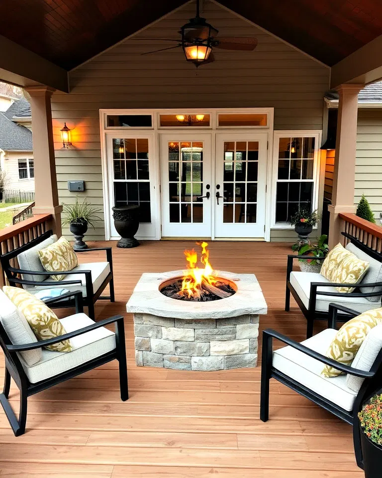 cozy front porch deck with fire pit