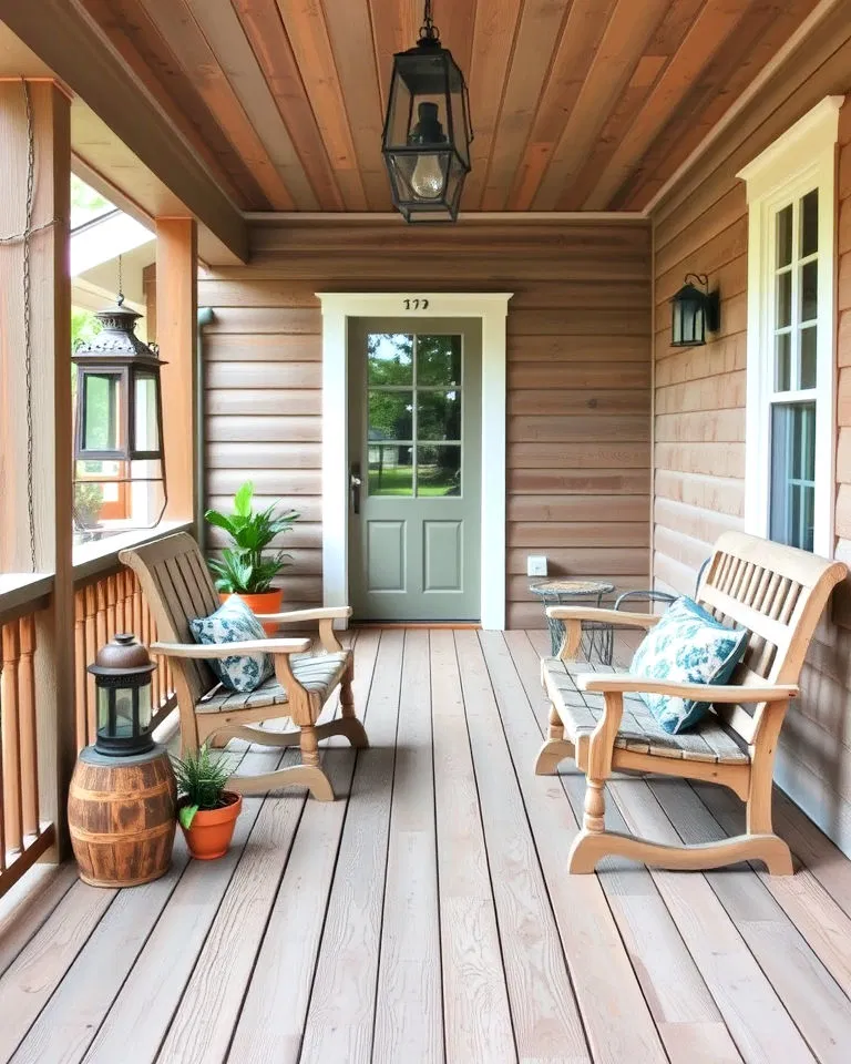 vintage style front porch deck with reclaimed wood furniture
