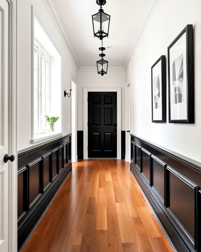 black wainscoting with white walls hallway