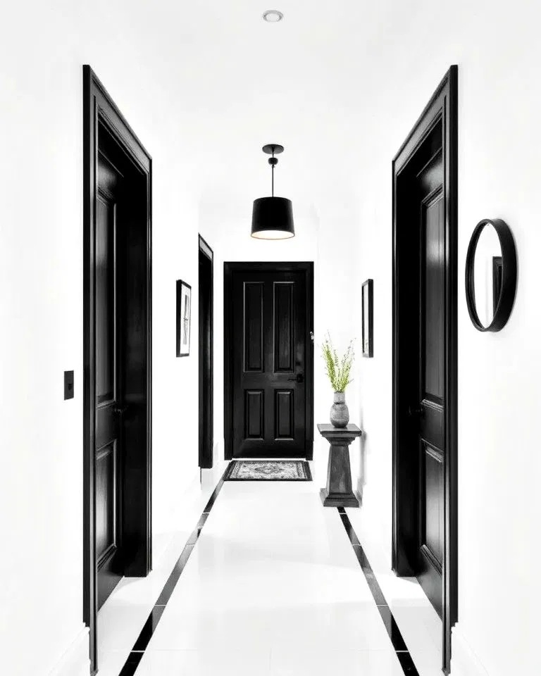 black door frames with white walls hallway