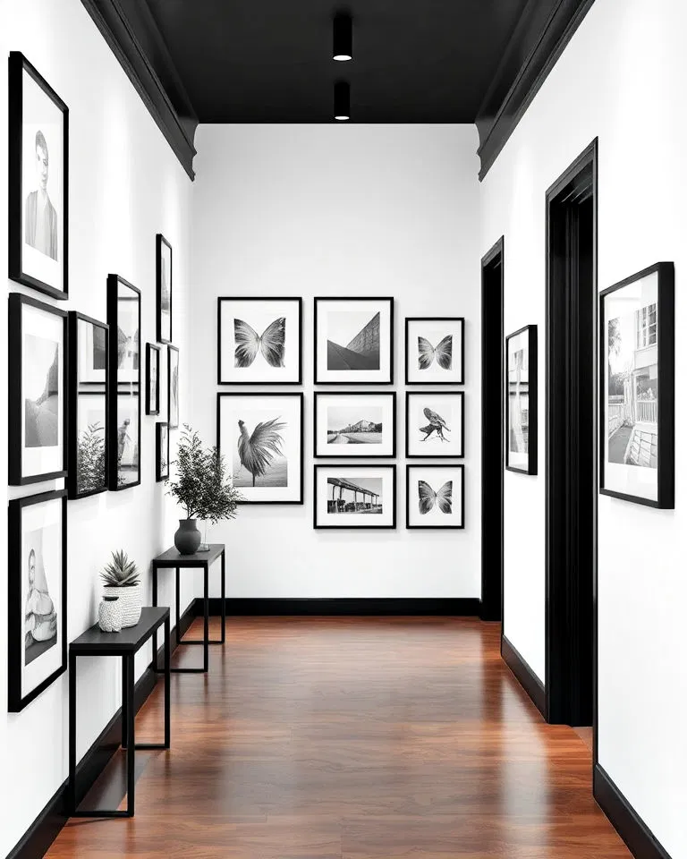 gallery wall with black frames in hallway