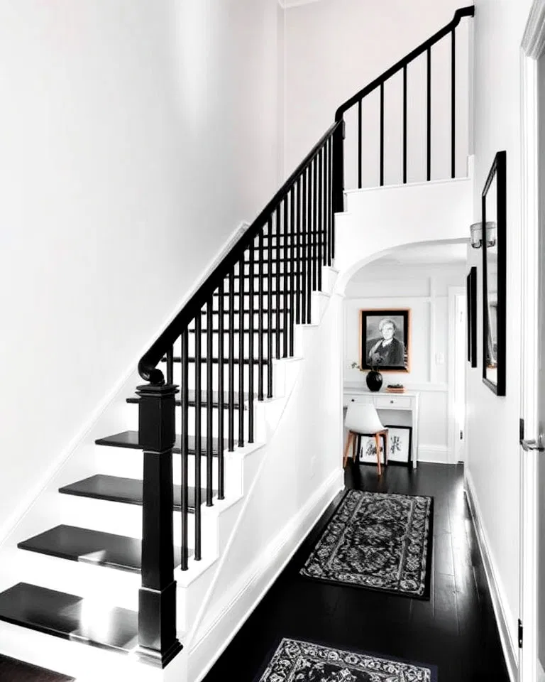 black stair railings with white walls