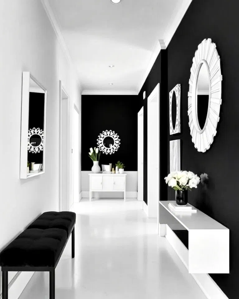 black accent wall with white decor in hallway