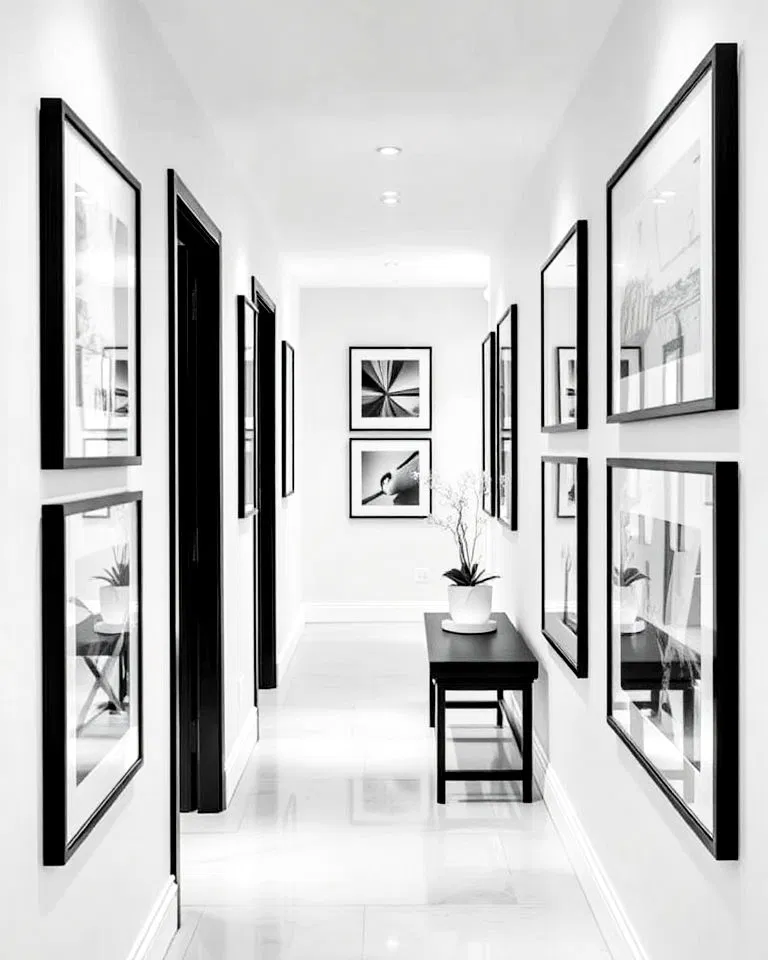 monochrome art with simple frames in hallway