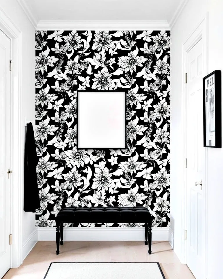 black and white wallpaper accent wall
