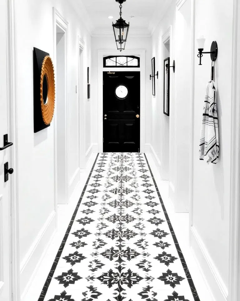 black and white tile runner in hallway