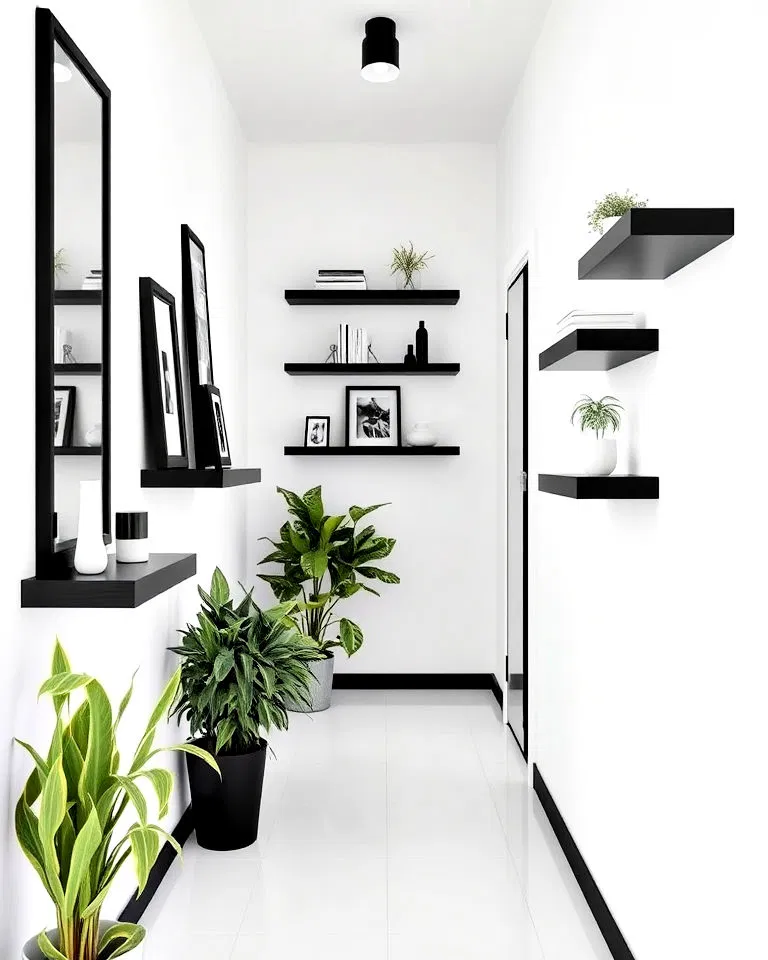 black floating shelves on white walls hallway