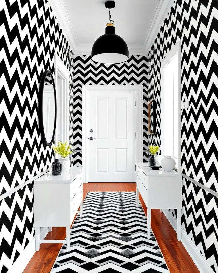 black and white chevron wallpaper hallway