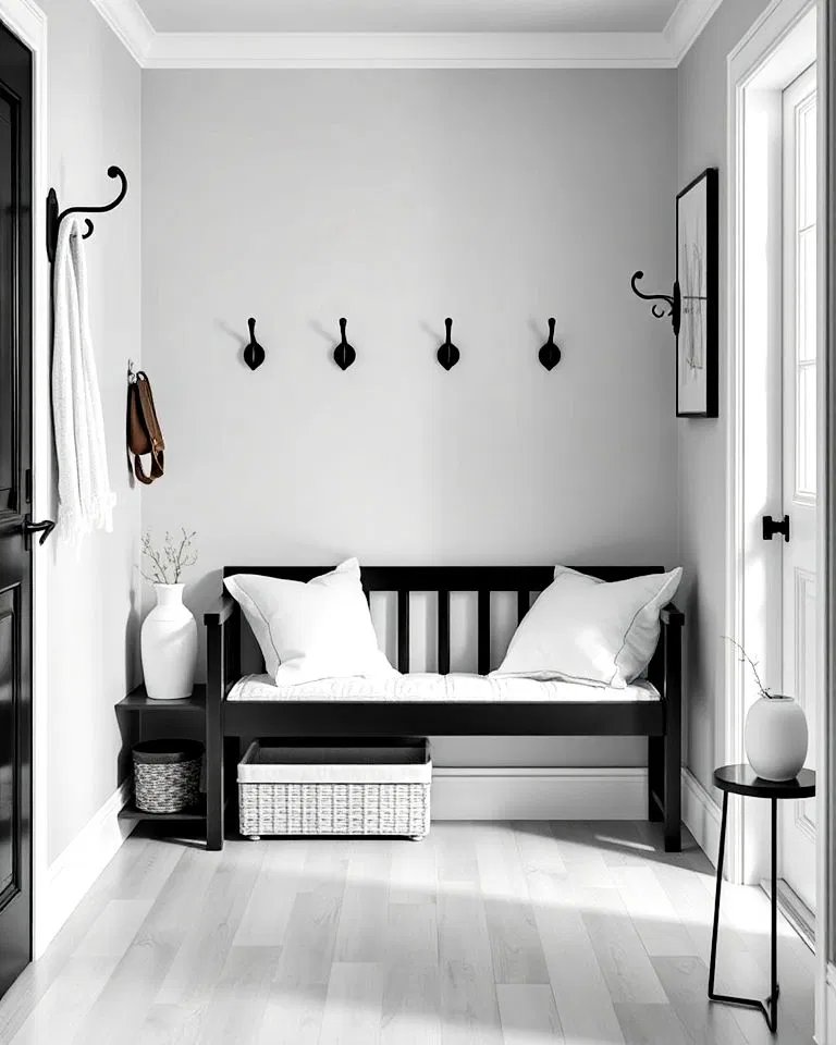 black benches with white cushions hallway