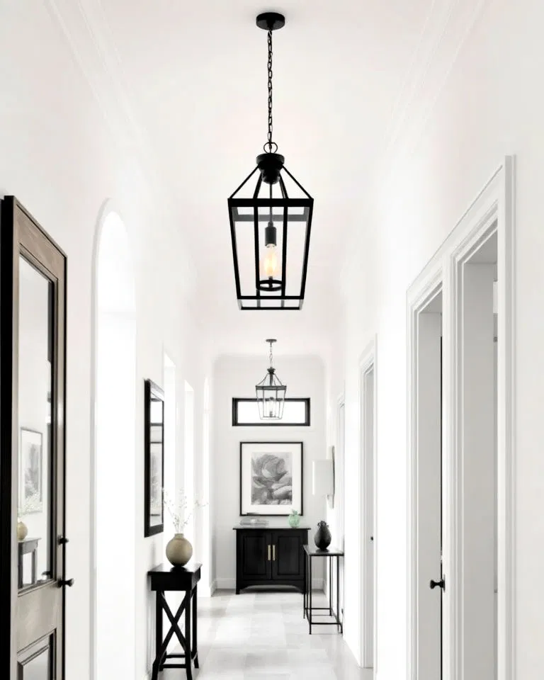 black lantern lighting in white hallway