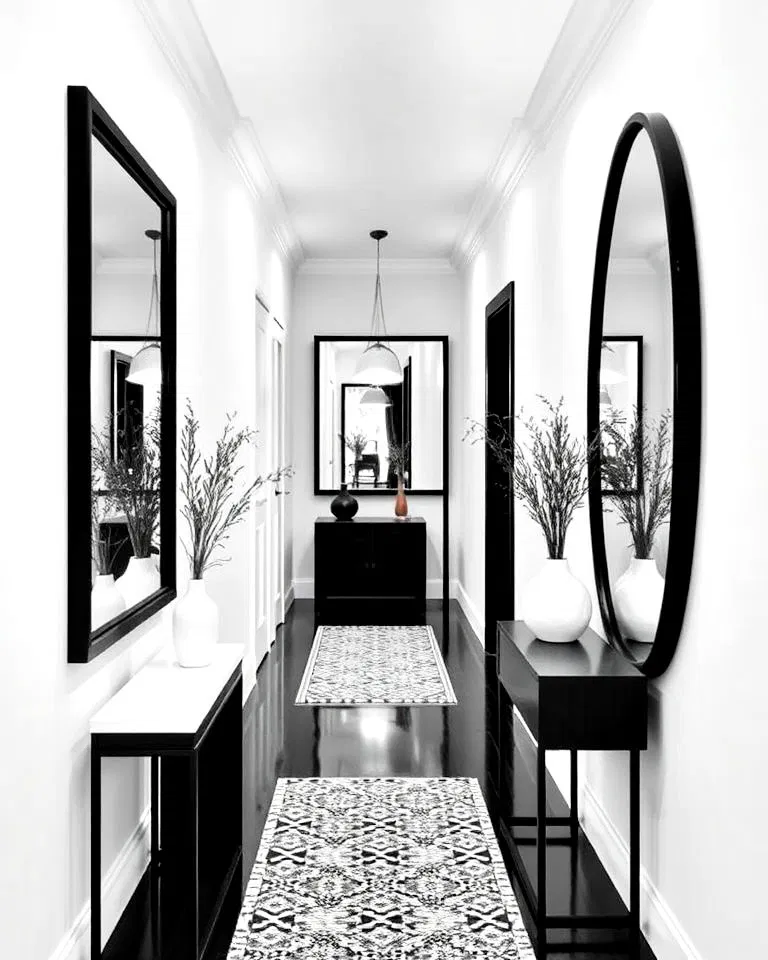 black framed mirrors on white walls hallway