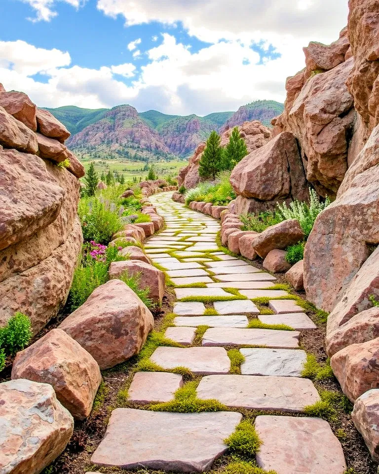 Flagstone pathway weaving through a Colorado garden