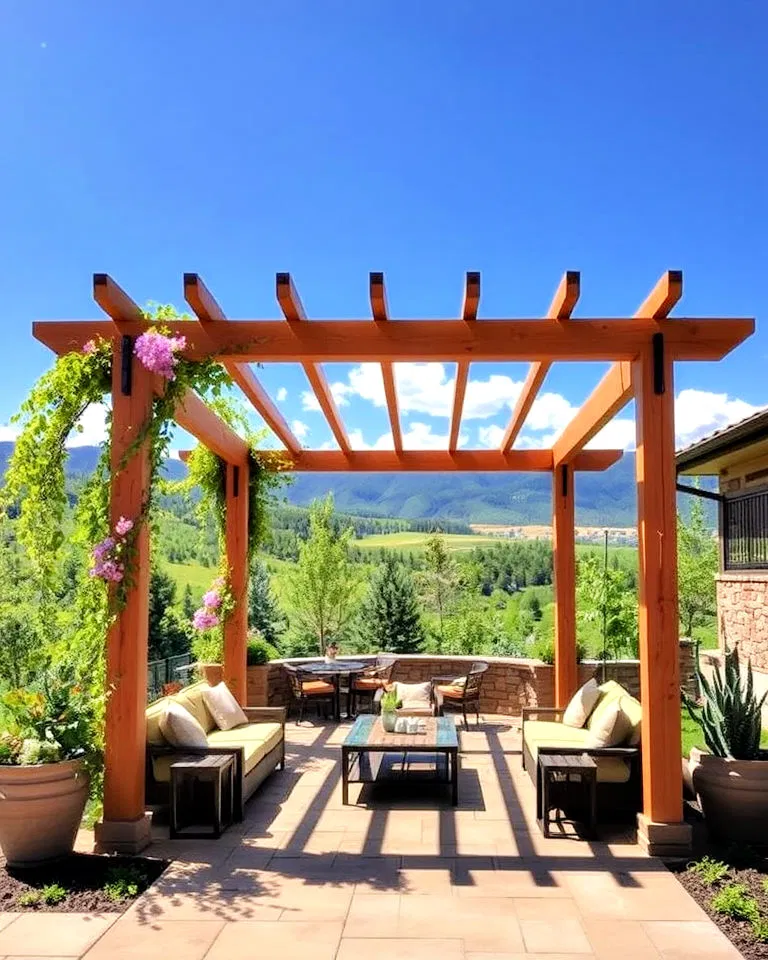 Outdoor living space with wooden pergola in Colorado