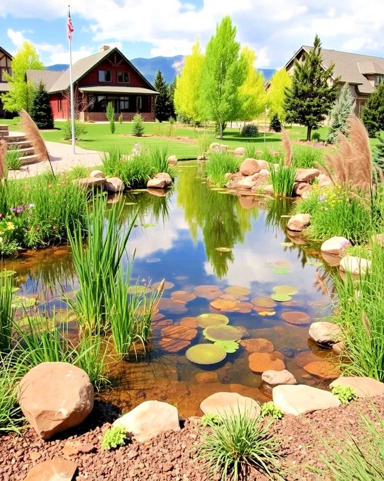 Natural retention pond surrounded by native plants in Colorado