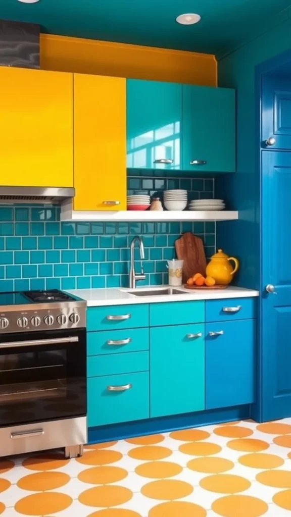 Kitchen with bold yellow and turquoise cabinets