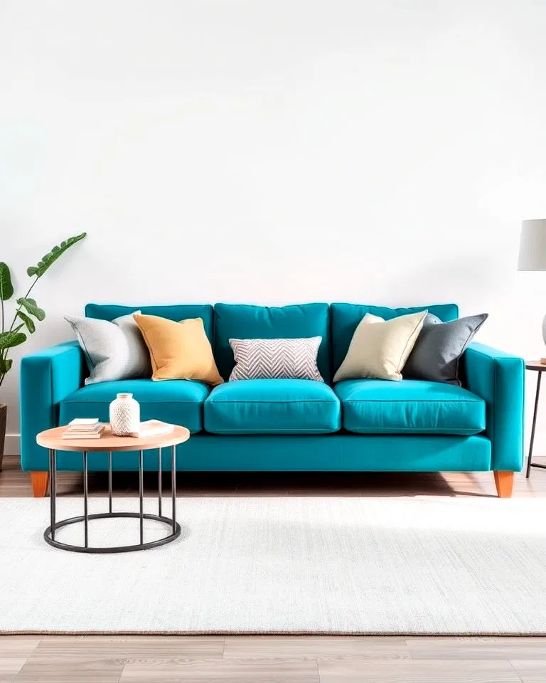 teal sofa in living room with neutral walls