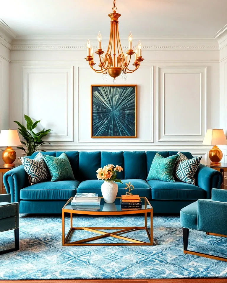 teal sofa with brass accents in living room