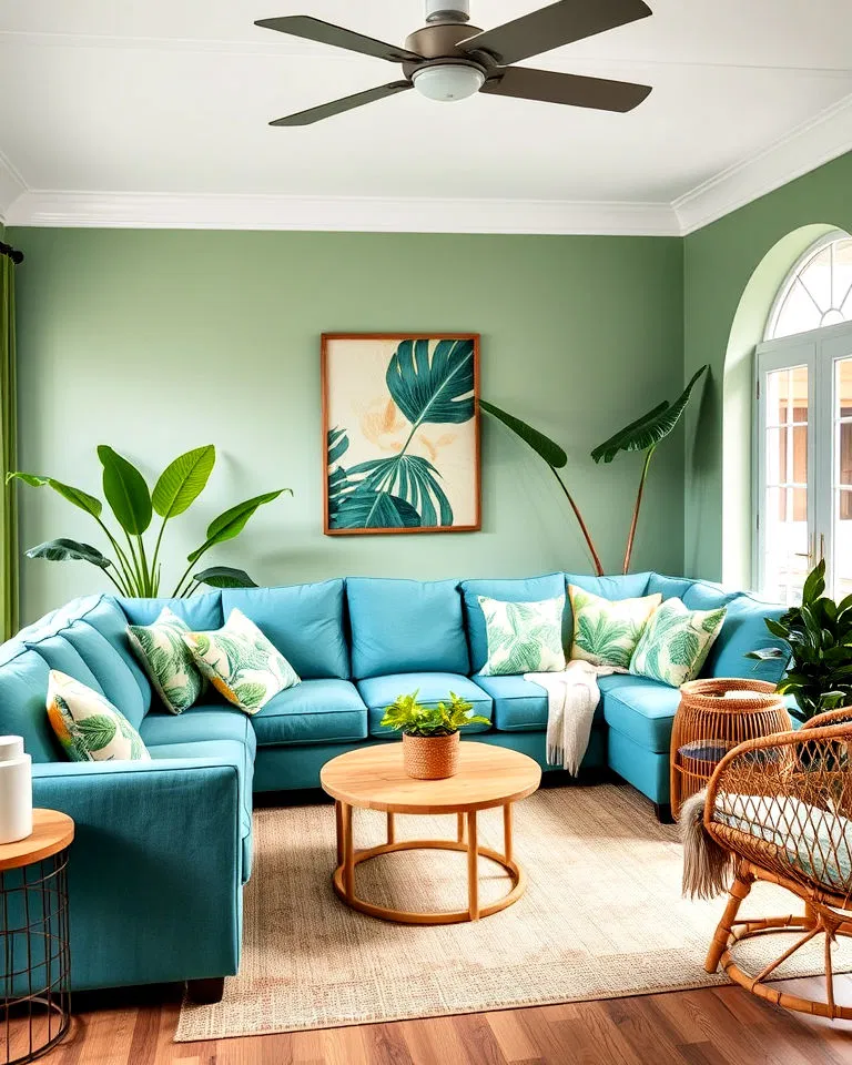 teal sofa with tropical decor