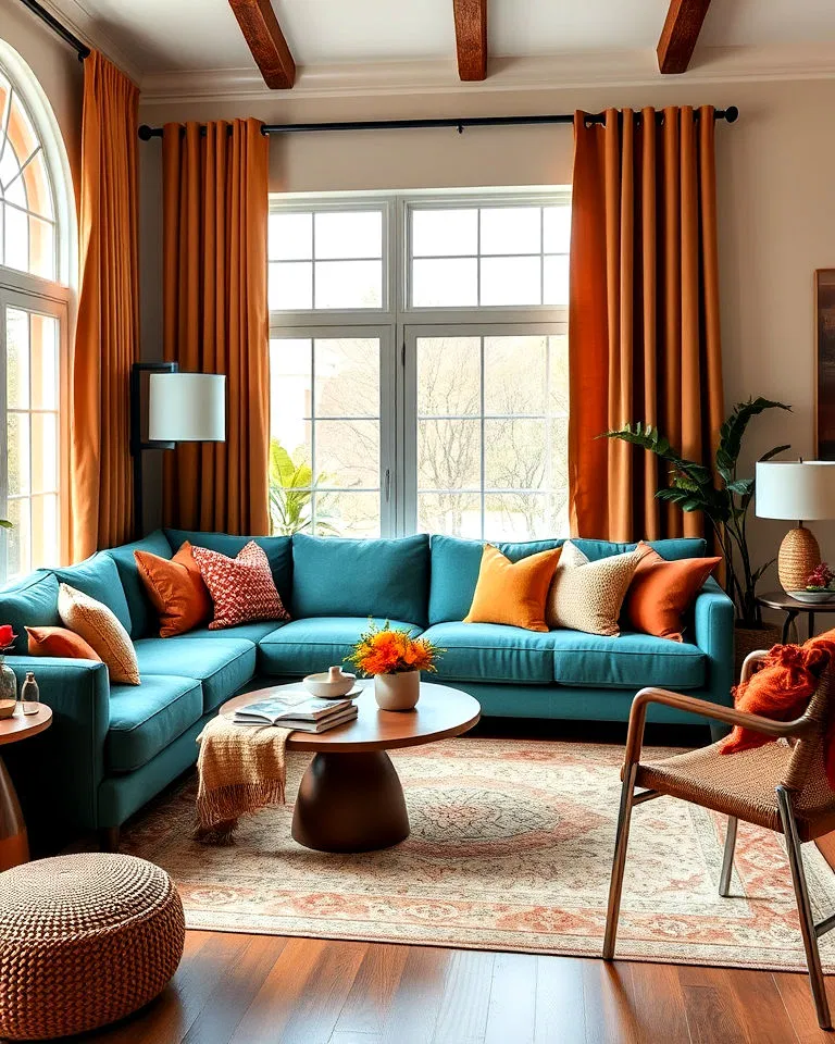 teal sofa with warm earth tone accents