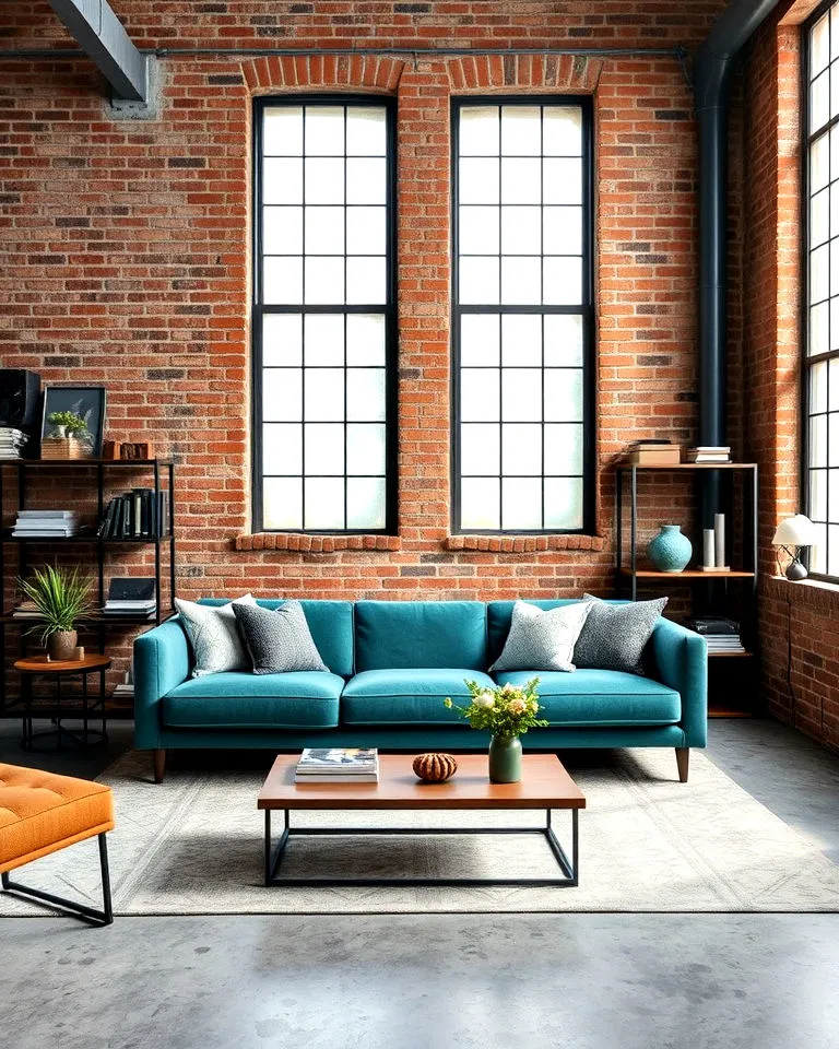 industrial style teal sofa living room