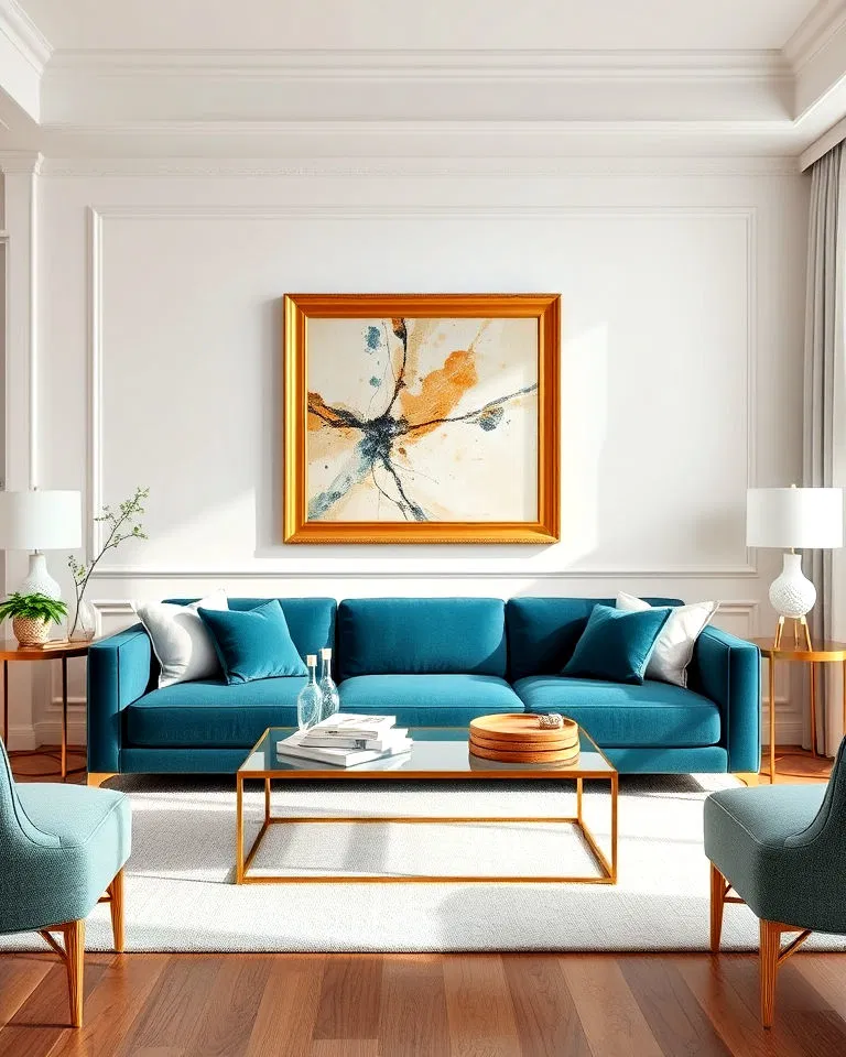 teal sofa with gold framed art