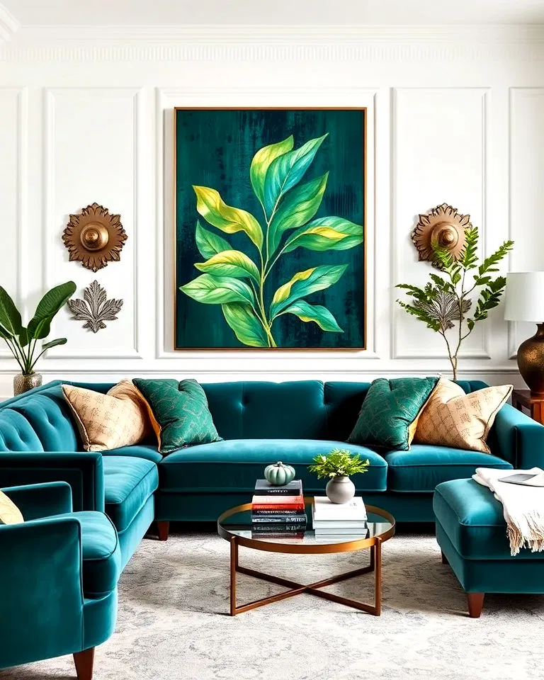 luxurious teal sofa with jewel tones