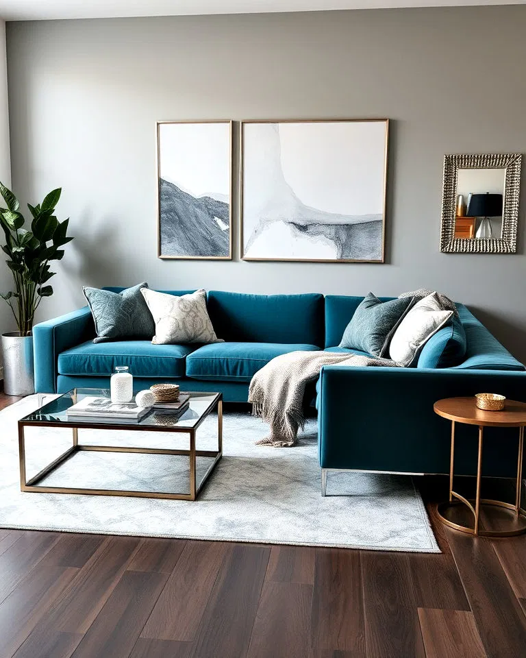 teal sofa with grey and silver accents