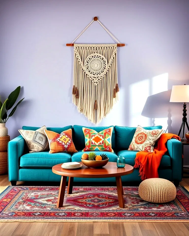 bohemian style teal sofa living room