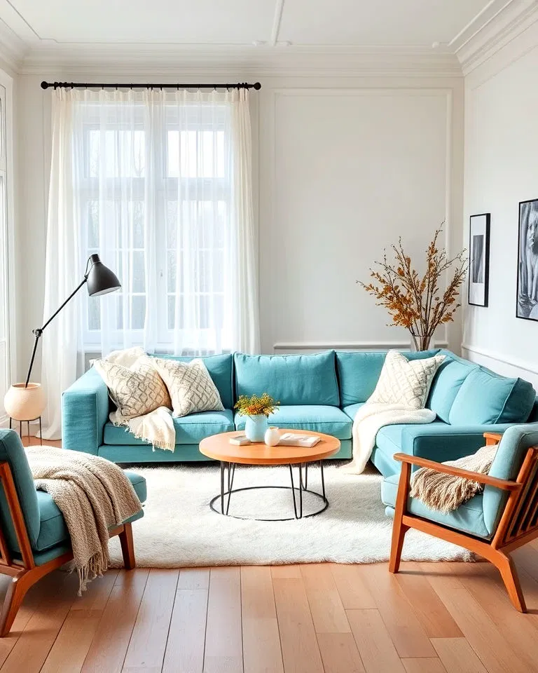 scandinavian teal sofa living room